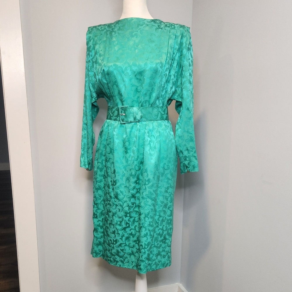 Liz Claiborne Silk Dress‎ Womens 6P Green Excellent 80s Vintage Jacquard Belted